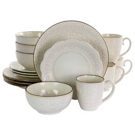 Elama - Contessa 16 Piece Embossed Scalloped Stoneware Dinnerware Set - Ivory