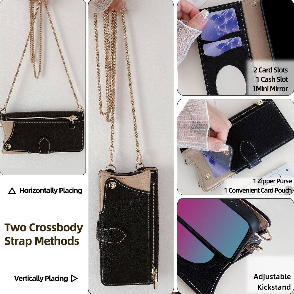 2 Card Slots  
1 Cash Slot  
1 Mini Mirror  
Horizontally Placing  
Two Crossbody Strap Methods  
Vertically Placing  
1 Zipper Purse  
1 Convenient Card Pouch  
Adjustable Kickstand