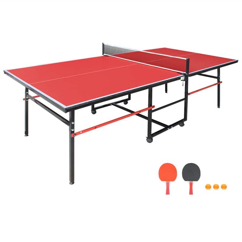 HTUTWOO - 8ft Mid-Size Table Tennis Table -Foldable & Portable Ping Pong Set,Indoor Game Surface,Net, 2 Paddles & 3 Balls Included - Red