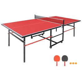 HTUTWOO - 8ft Mid-Size Table Tennis Table -Foldable & Portable Ping Pong Set,Indoor Game Surface,Net, 2 Paddles & 3 Balls Included - Red
