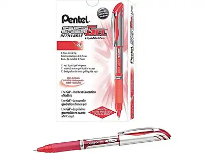 Pentel ENERGEL REFILLABLE Liquid Gel Pen
- 0.7mm Metal Tip
- Liquid gel ink
- 1.2 oz. ink
- 132 yards of ink
- The Next Generation of Gel Ink
- EnerGel - The Next Generation
- EnerGel - La nouvelle génération d'encre gel
- EnerGel - La nueva generación de gel
- EnerGel - La primera generación de gel
- Liquid gel ink
- Encre gel liquide rouge
- Tinta gel líquida roja
- Bolígrafo de tinta gel líquida roja