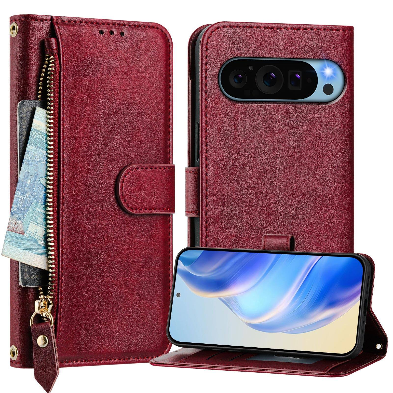 Angle. UUCOVER - Zipper Wallet Case for Google Pixel 10 Pro XL Magnetic PU Leather Card Slots Stand Cover with Shoulder / Wrist Strap - Winered.