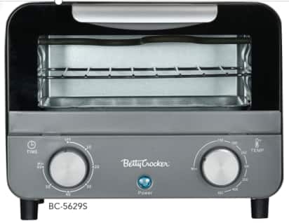Betty Crocker - Mini Toaster Oven, 750W Compact Countertop Oven with 7L Capacity, Adjustable Timer, Baking Tray & Rack, BC-5629S - Silver