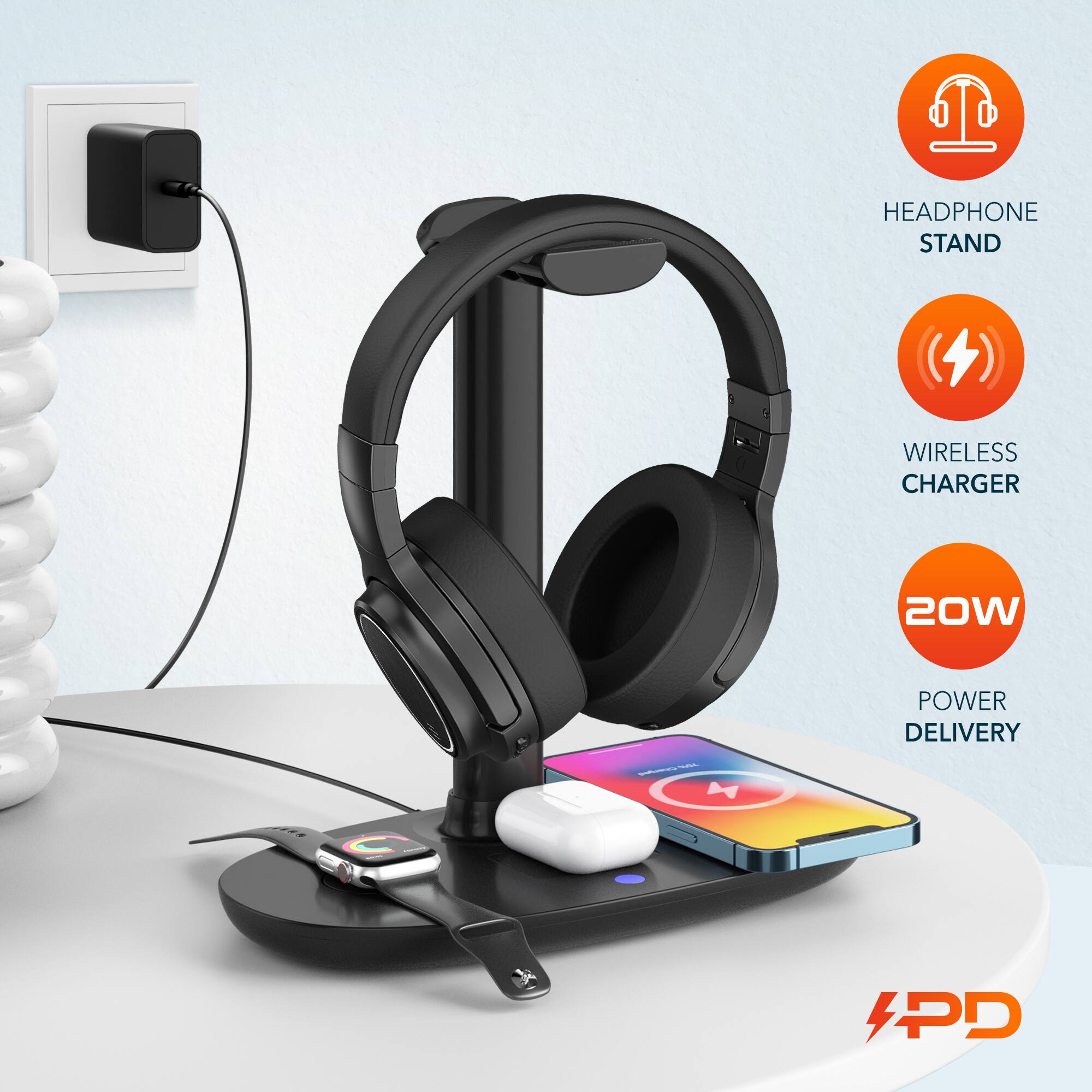 HEADPHONE STAND, WIRELESS CHARGER, 20W POWER DELIVERY, HPD