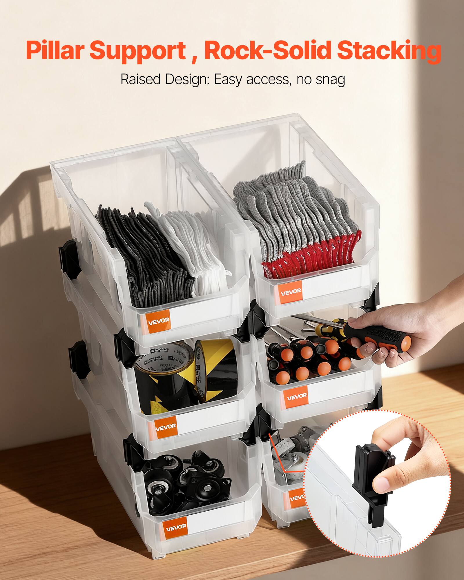 Pillar Support, Rock-Solid Stacking  
Raised Design: Easy access, no snag