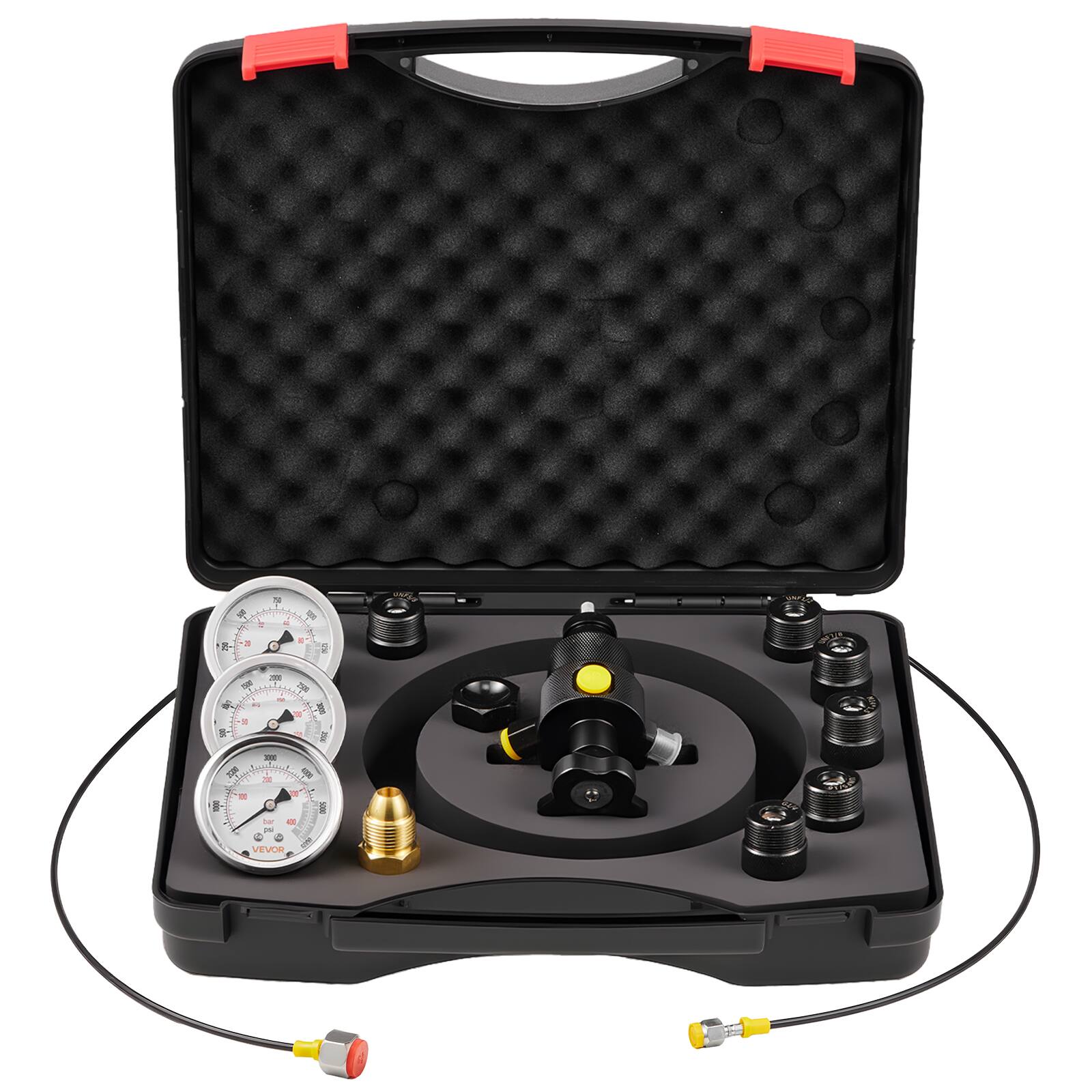 Front. VEVOR - Hydraulic Nitrogen Accumulator Charging Kit, All-in-One Nitrogen Fill Kit, Pressure Test System with 3 Gauges - Black.