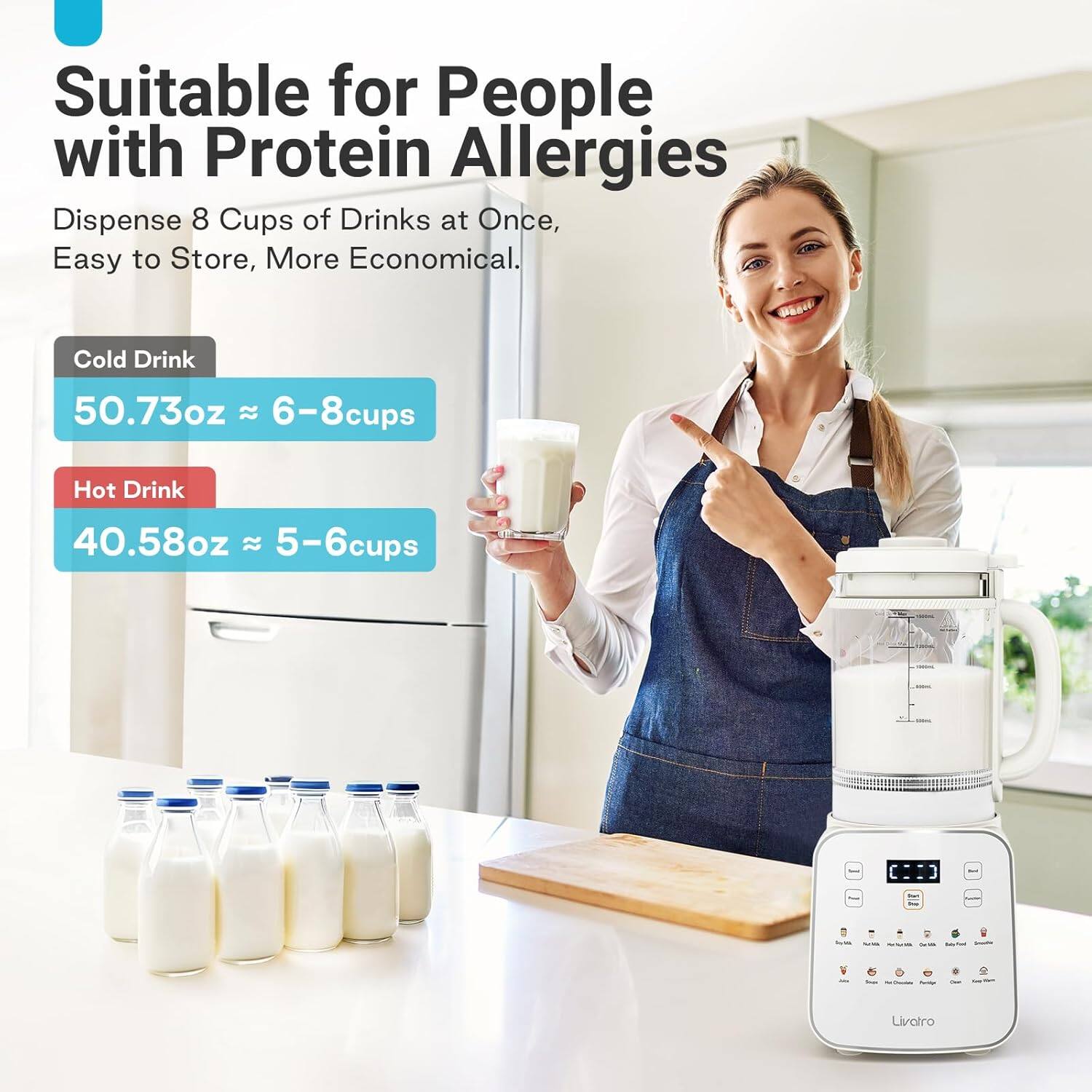 Suitable for People with Protein Allergies
Dispense 8 Cups of Drinks at Once, Easy to Store, More Economical.
Cold Drink 50.73oz  6-8cups
Hot Drink 40.58oz  5-6cups
Livotro