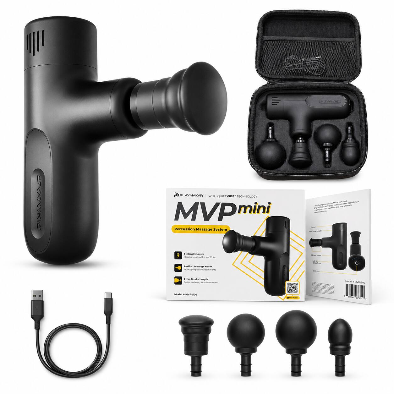 PLAYMAKAR WITH QUIETVIBE TECHNOLOGY MVP mini Percussion Massage System : Intensity Levels 9 Modium - - have 30 to ProTips Masage reseds impect popesson attachments 9 more docke Length OXIHAN wooking THAN tranment Model : MVP-500

Speake serving , masigned mg POWTOS* Your, 12 100 be 30mg Model t MVP-000 WING aman