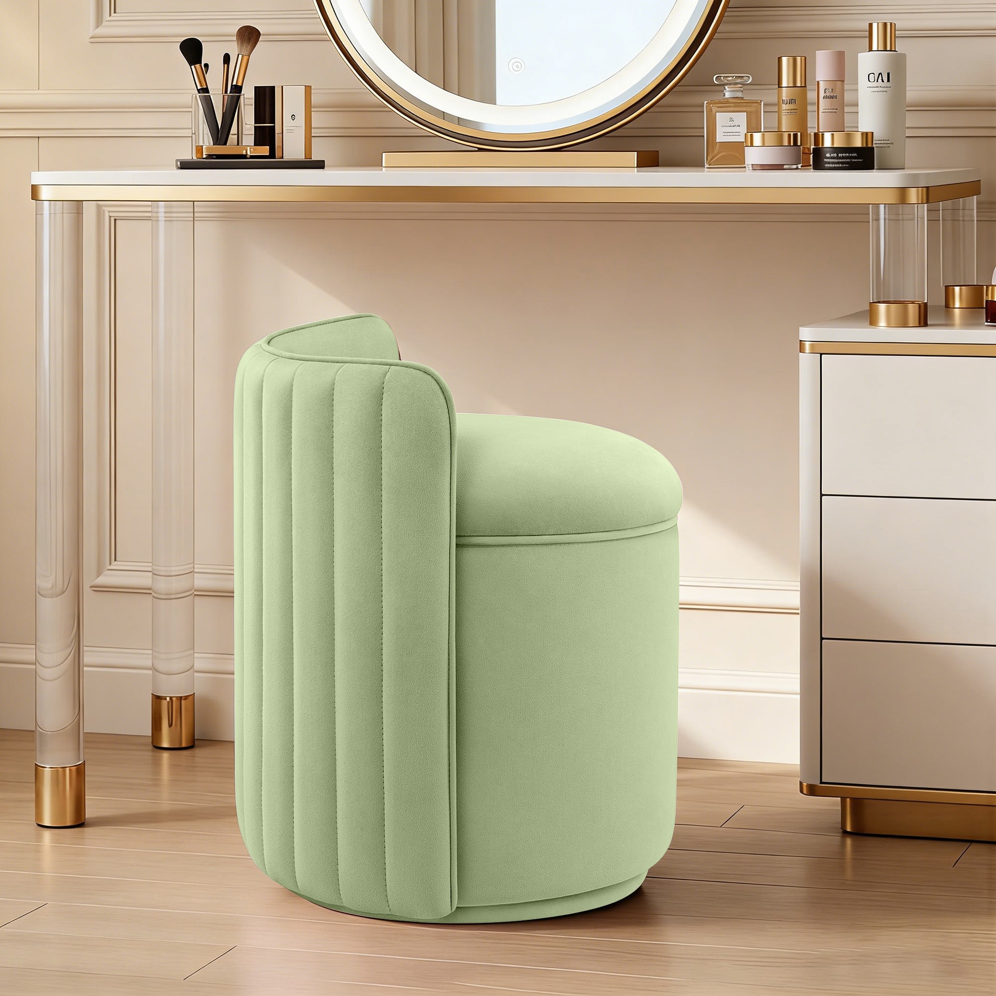 KERDOM - Swivel Vanity Chair with Storage, Removable Seat Cushion, Upholstered Velvet Makeup Chair, Small Barrel Accent Stool - Green