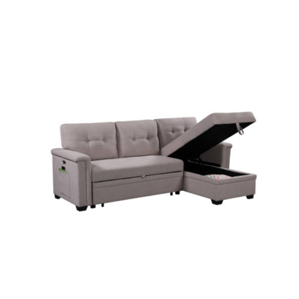 Alt View 2. LUCKY ONE - 84" Light Gray Reversible Sleeper Sectional Sofa with Storage Chaise, USB Charging Ports, Side Pocket, Pull-Out Bed - Light Gray.
