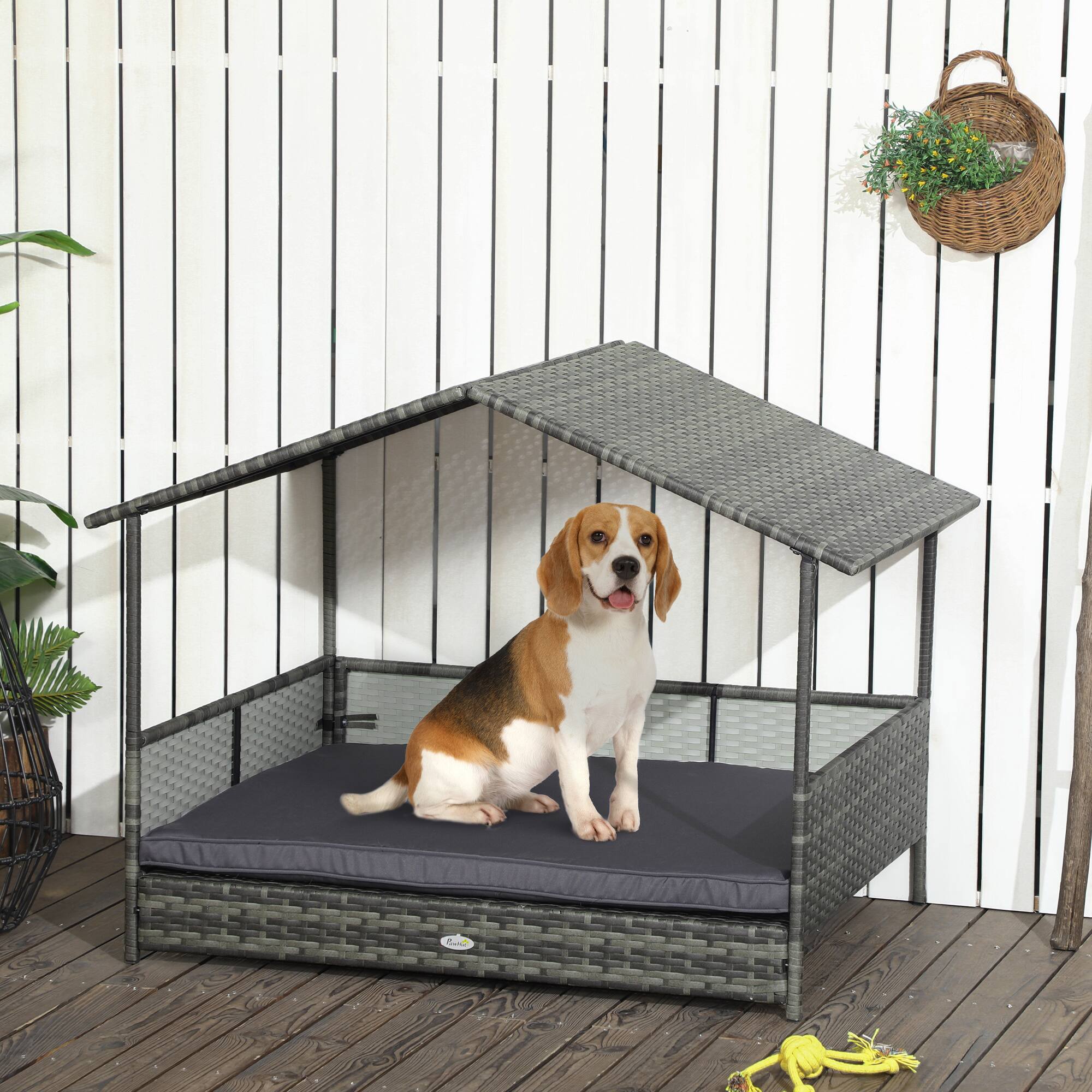Alt View 1. Pawhut - Dog Bed with Canopy, Rattan Dog Bed with Soft Cushion Removable Cover for Medium and Large Dogs - Dark Gray.