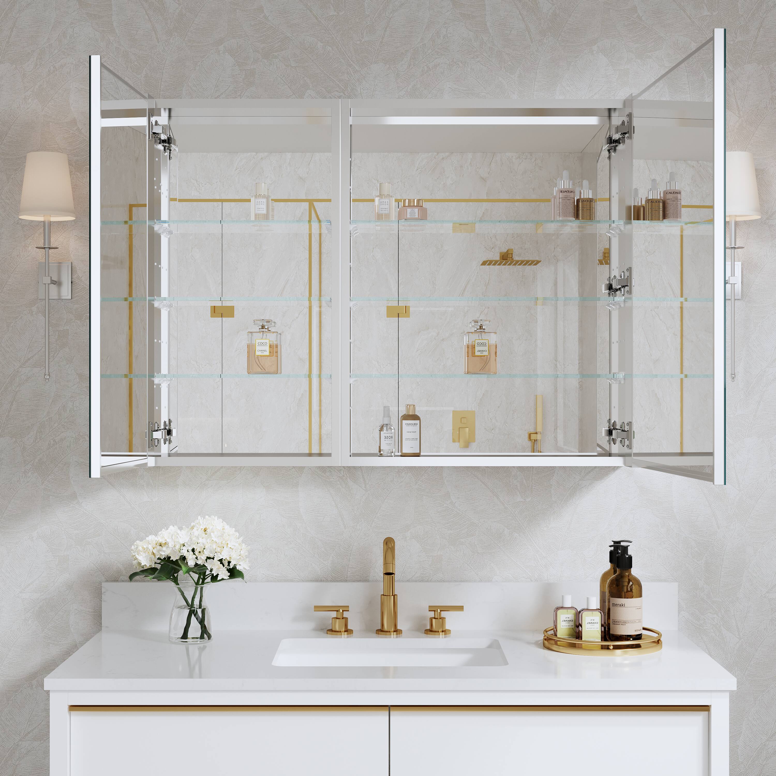 Left. WELLFOR - Combo 40 in. W x 30 in. H Rectangular Recess/Surface Mount Frameless Medicine Cabinet with Mirror, Soft Close Door - Silver.