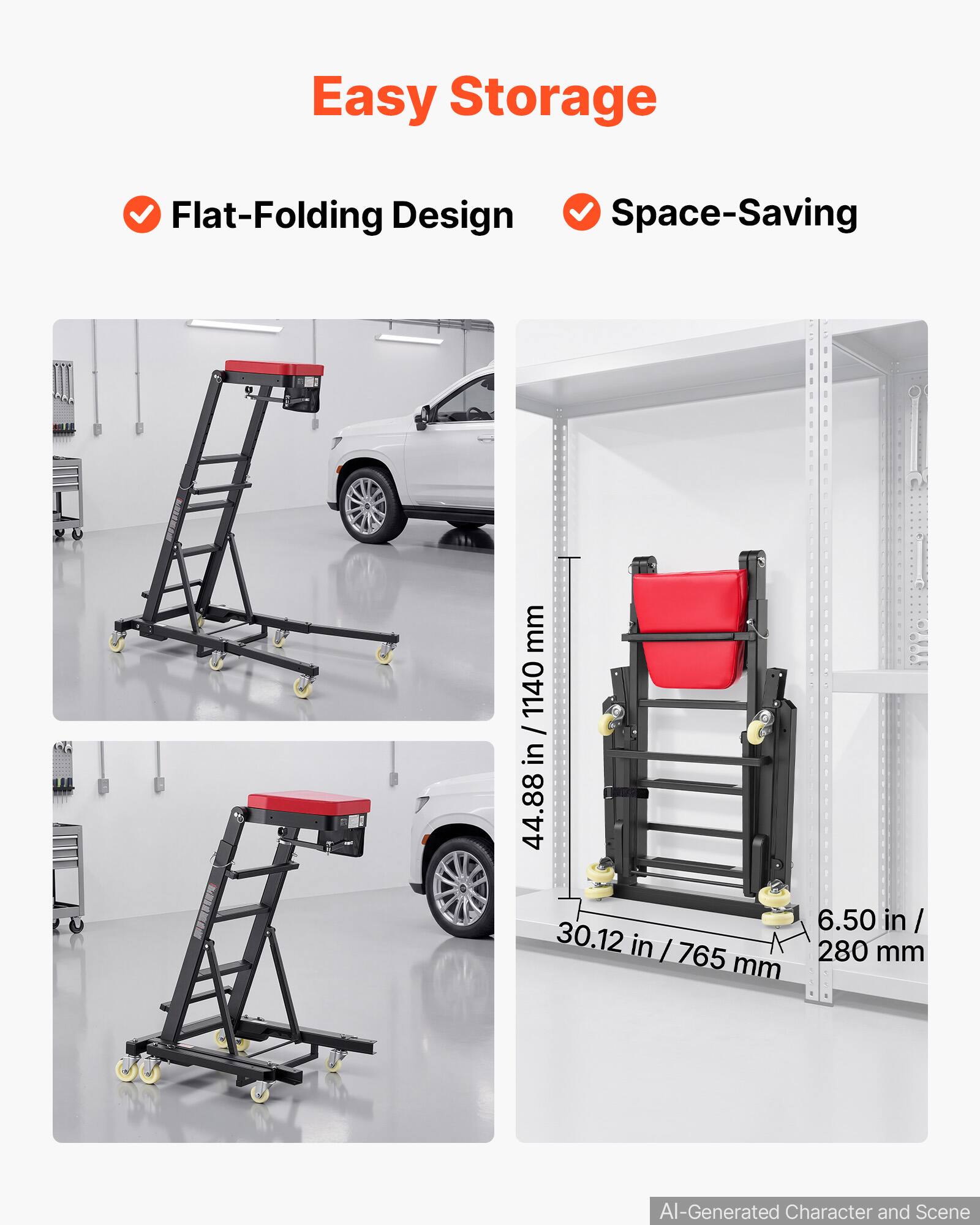 Easy Storage  
Flat-Folding Design  
Space-Saving  

44.88 in / 1140 mm  
30.12 in / 765 mm  
6.50 in / 280 mm  

AI-Generated Character and Scene