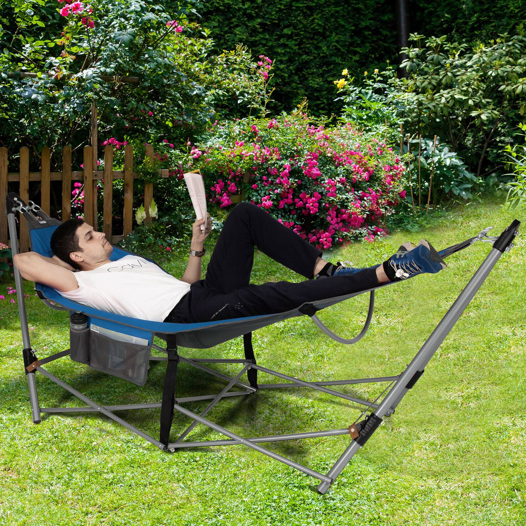 Alt View 3. Costway - Costway Folding Hammock Indoor & Outdoor Hammock with Side Pocket & Iron Stand - Blue.