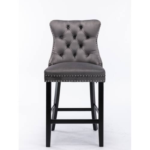 Angle. LUCKY ONE - Assembled Velvet Bar Stool Set of 2 with Button Tufted Wood Legs Chrome Nailhead Trim - Gray.
