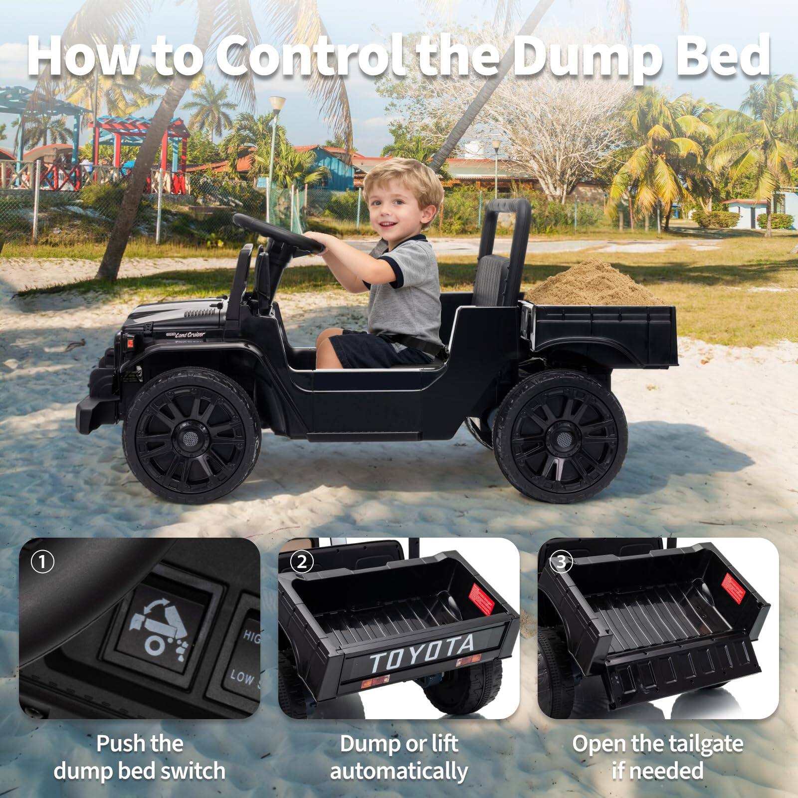 How to Control the Dump Bed

1. Push the dump bed switch
2. Dump or lift automatically
3. Open the tailgate if needed