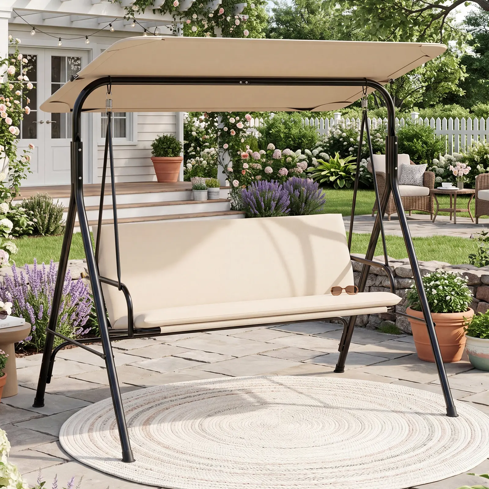 Alt View 1. Gymax - Gymax 3-Seat Outdoor Patio Swing Chair w/  ArmrestsAdjustable Tilt Canopy & Stand Beige - Beige.