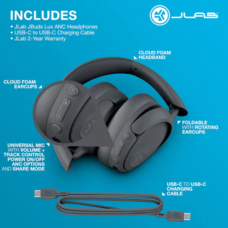 Jlab Rubber Control JLab JBuds Lux ANC Wireless Bluetooth Over Ear Headphones with Active ...