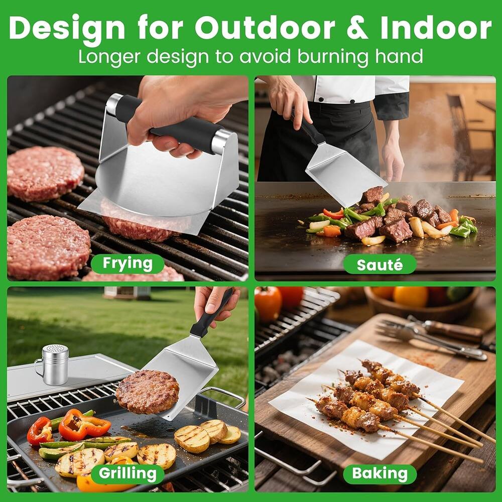 Design for Outdoor & Indoor  
Longer design to avoid burning hand  

Frying  
Sauté  
Grilling  
Baking
