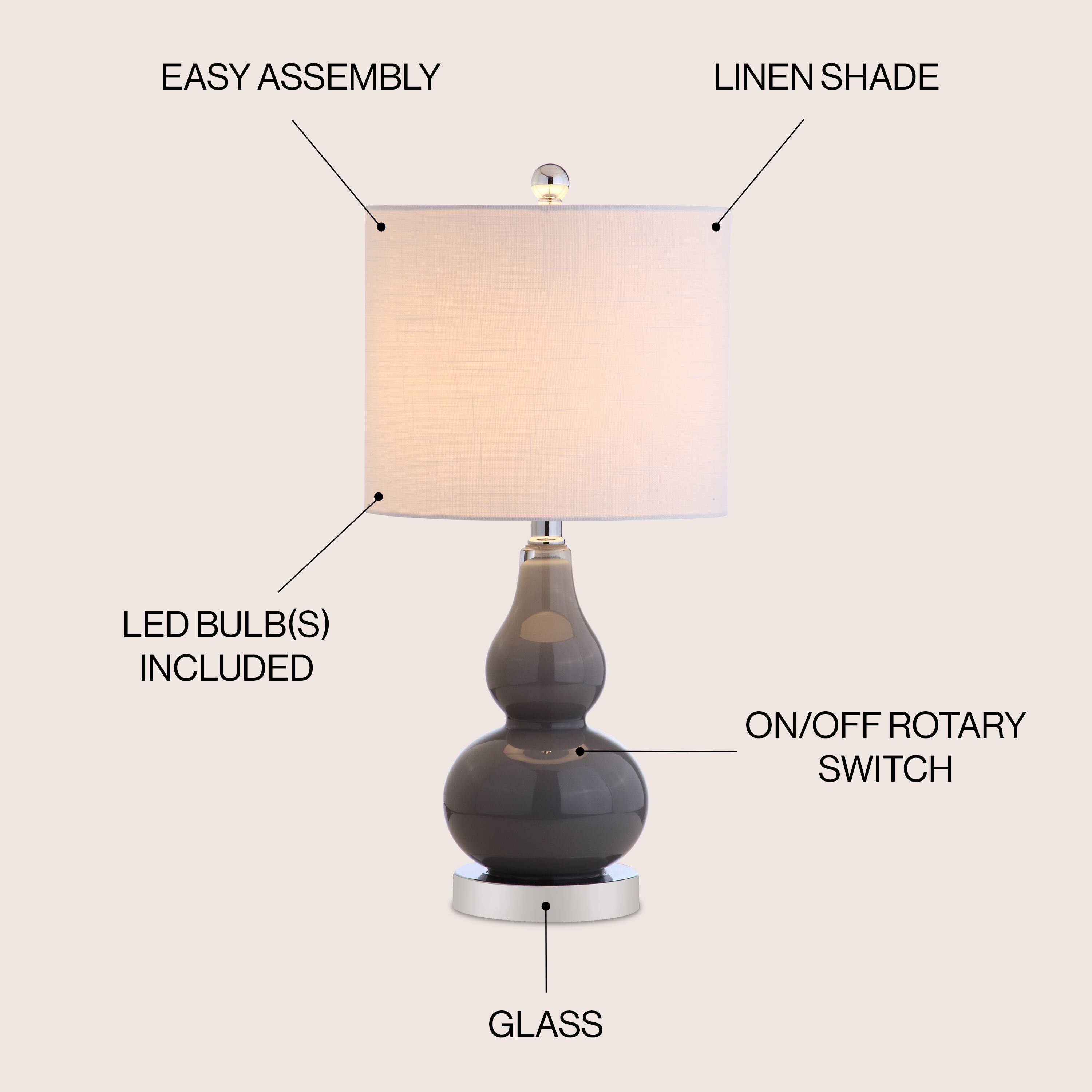 EASY ASSEMBLY  
LINEN SHADE  
LED BULB(S) INCLUDED  
ON/OFF ROTARY SWITCH  
GLASS