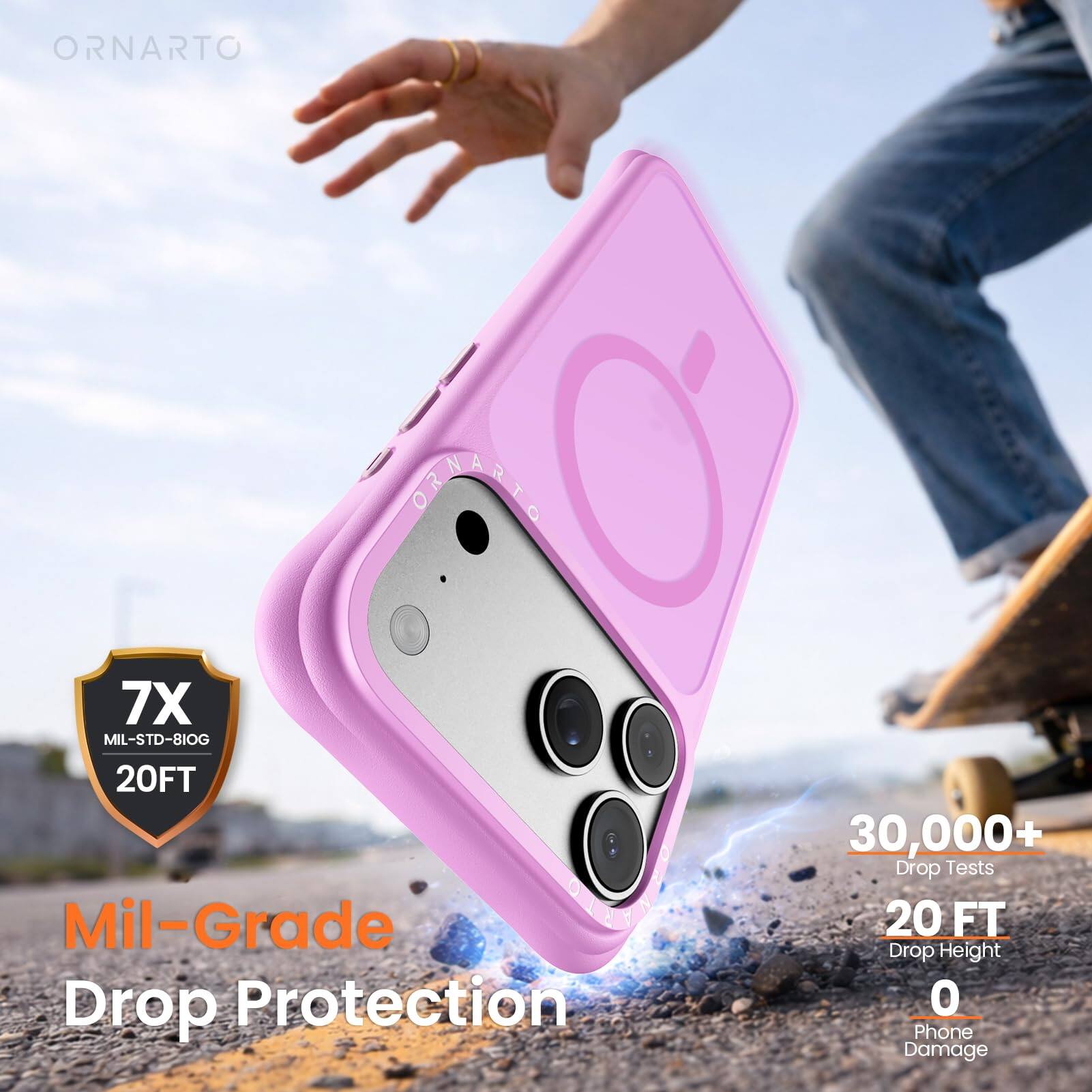 ORNARTO  
7X MIL-STD-810G 20FT  
Mil-Grade Drop Protection  
30,000+ Drop Tests  
20 FT Drop Height  
0 Phone Damage