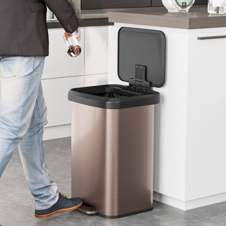 Left. SlickBlue - Stainless Steel Step Trash Can – Soft Close Lid, Sleek Design for Kitchen - Golden.