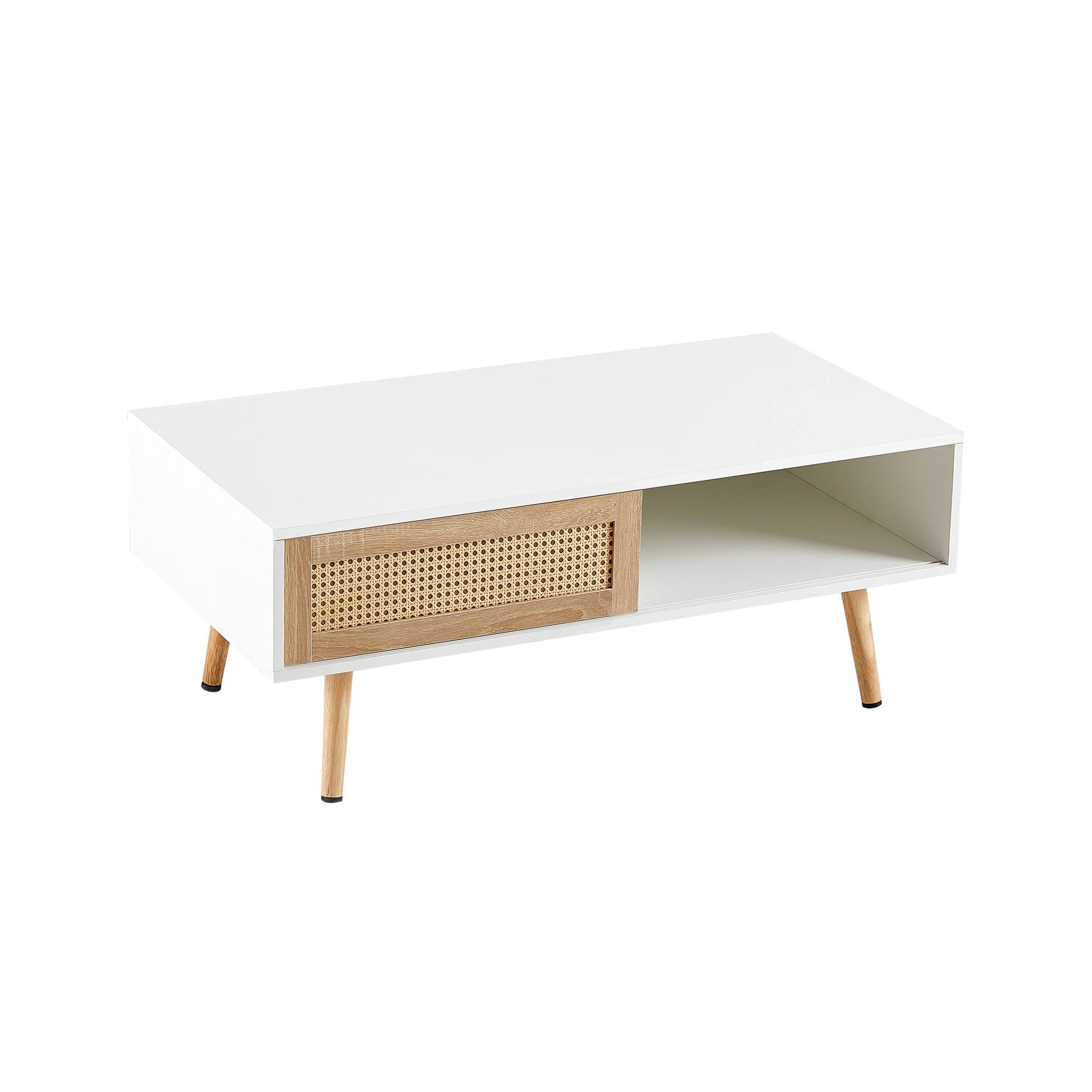 Alt View 1. Z-Edge - Mid-Century Modern Coffee Table with Storage, Rectangle Wooden Center Tables with Sliding Rattan Door for Living Room - White.