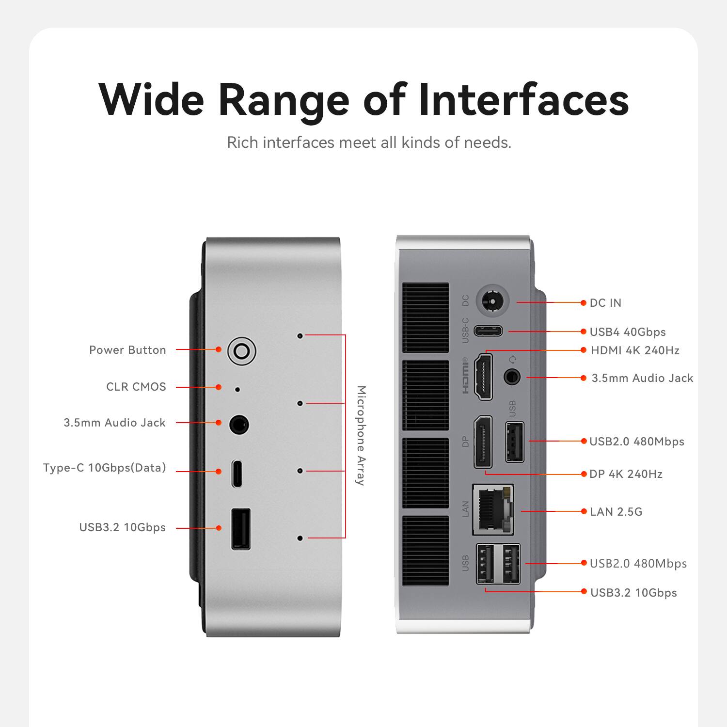 Wide Range of Interfaces  
Rich interfaces meet all kinds of needs.

- Power Button
- CLR CMOS
- 3.5mm Audio Jack
- Type-C 10Gbps (Data)
- USB3.2 10Gbps
- Array Microphone
- DC IN
- USB-C
- WWCH
- DP
- LAN
- USB
- USB4 40Gbps
- HDMI 4K 240Hz
- 3.5mm Audio Jack
- USB2.0 480Mbps
- DP 4K 240Hz
- LAN 2.5G
- USB2.0 480Mbps
- USB3.2 10Gbps