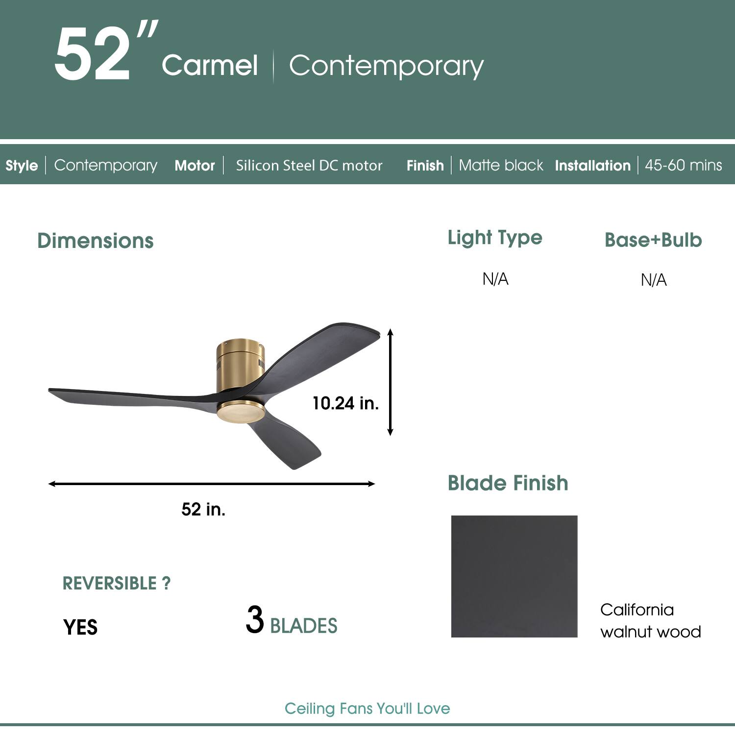 52" Carmel | Contemporary  
Style | Contemporary  
Motor | Silicon Steel DC motor  
Finish | Matte black  
Installation | 45-60 mins  

Dimensions  
52 in.  
10.24 in.  

Light Type | N/A  
Base+Bulb | N/A  

REVERSIBLE? | YES  
3 BLADES  

Blade Finish | California walnut wood  

Ceiling Fans You'll Love