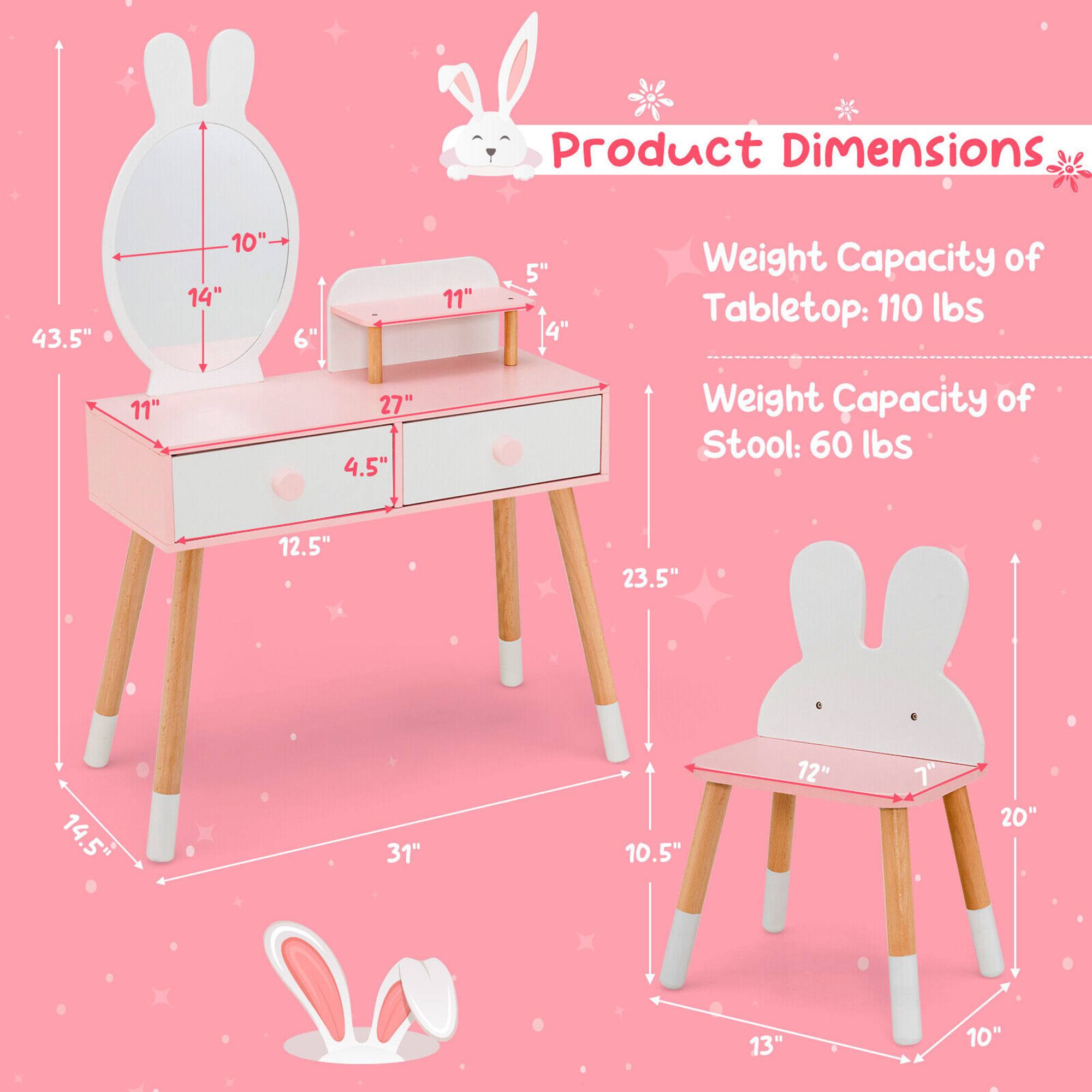 Product Dimensions:
- Tabletop: 43.5" (L) x 27" (W) x 14.5" (H)
- Stool: 20" (L) x 13" (W) x 10.5" (H)

Weight Capacity:
- Tabletop: 110 lbs
- Stool: 60 lbs
