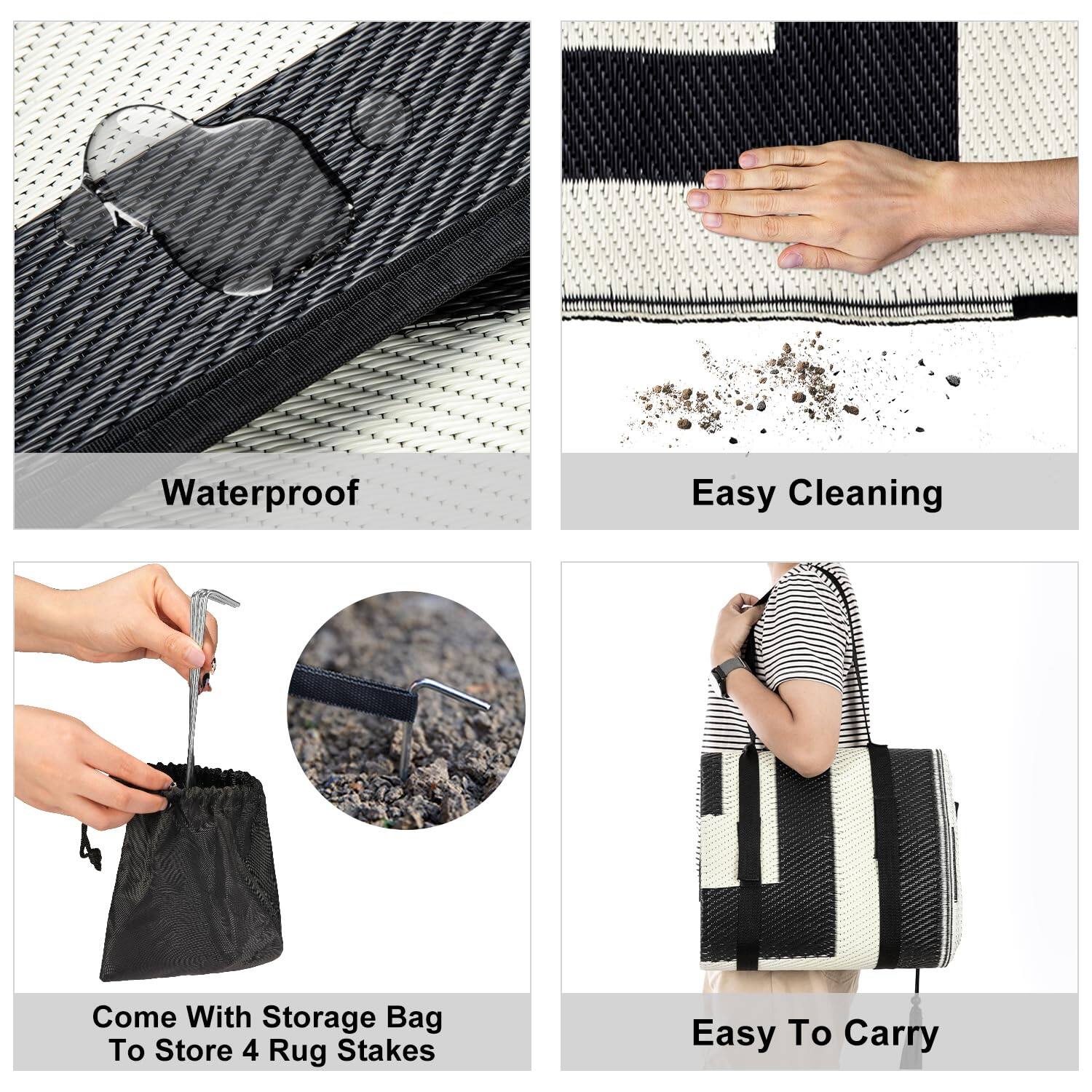 - Waterproof
- Easy Cleaning
- Come With Storage Bag To Store 4 Rug Stakes
- Easy To Carry
