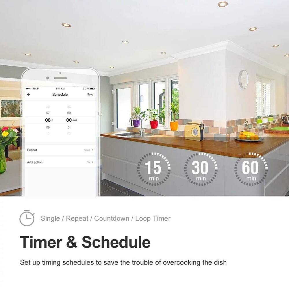 **Timer & Schedule**

Set up timing schedules to save the trouble of overcooking the dish

- Single / Repeat / Countdown / Loop Timer

**Schedule**

- 06:58
- 07:59
- 08:00
- 09:01
- 10:02

**Repeat:** Once

**Add action:** ON

**Timer Options:**
- 15 min
- 30 min
- 60 min