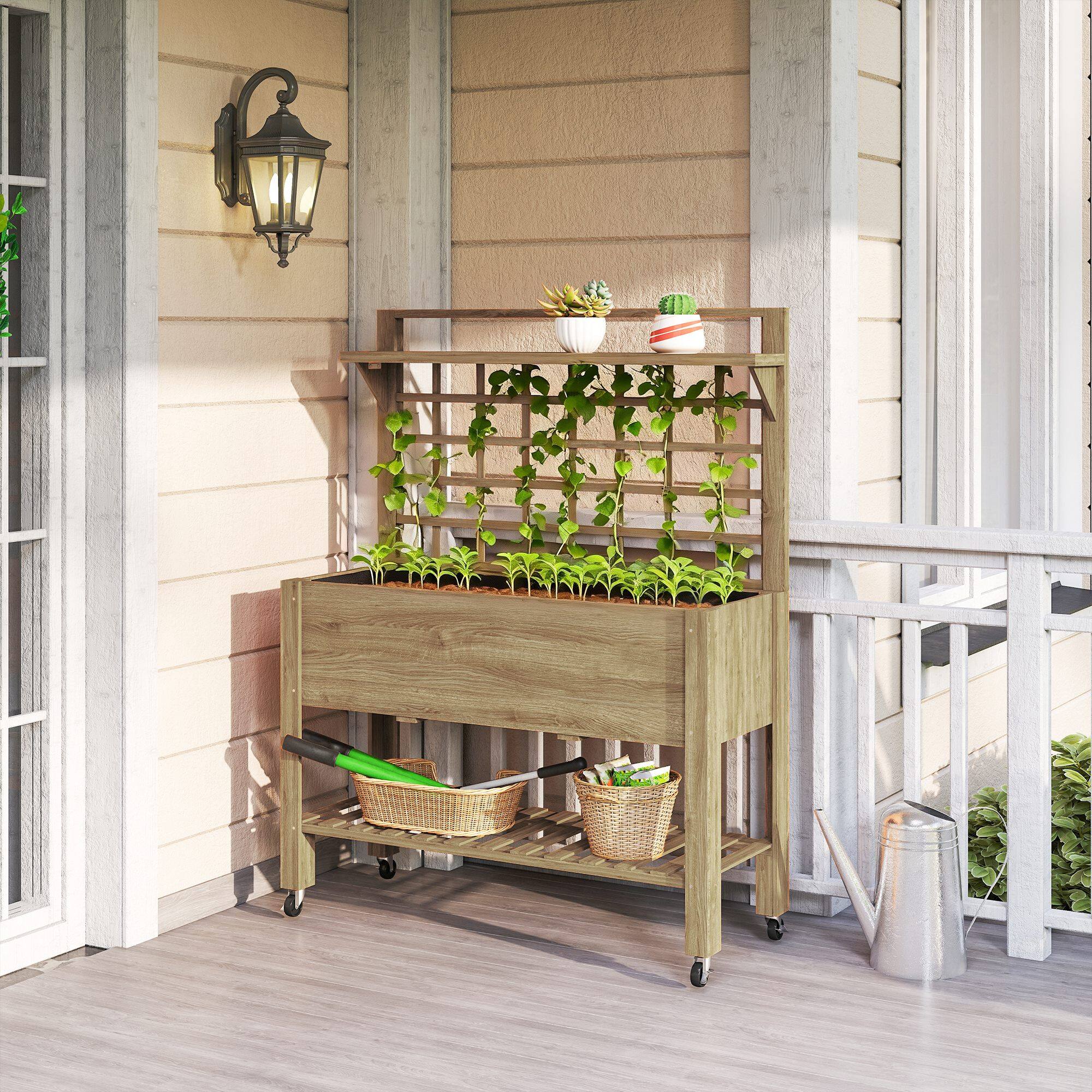 Alt View 1. Outsunny - Raised Garden Bed Mobile Elevated Wooden Planter Box Stand with Wheels, Trellis and Storage Shelf - Coffee.