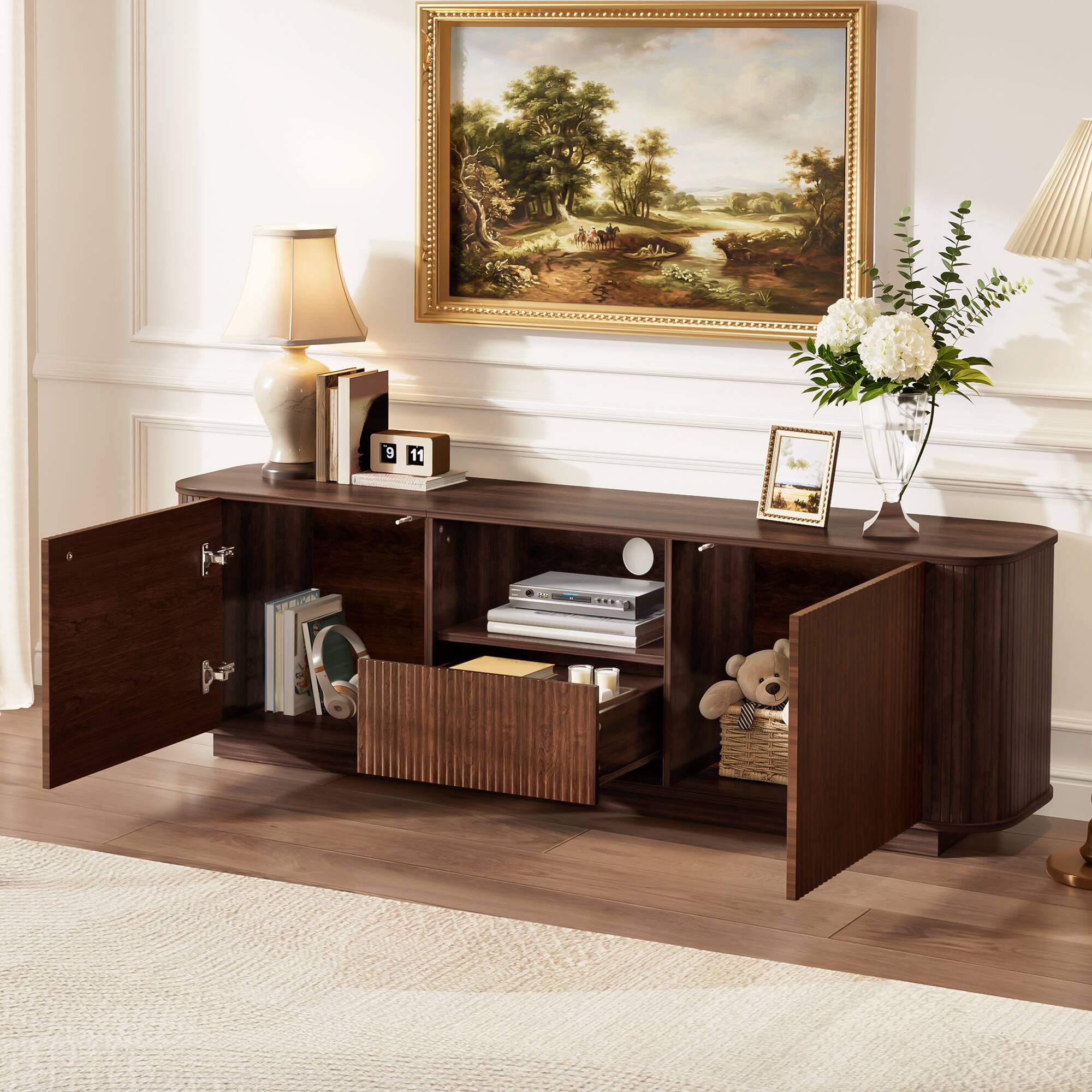 Left. Whisen - 70-Inch Modern TV Stand for TVs up to 80-Inch,Entertainment Media Console with Ample Storage and Cured Corners - Dark Brown.