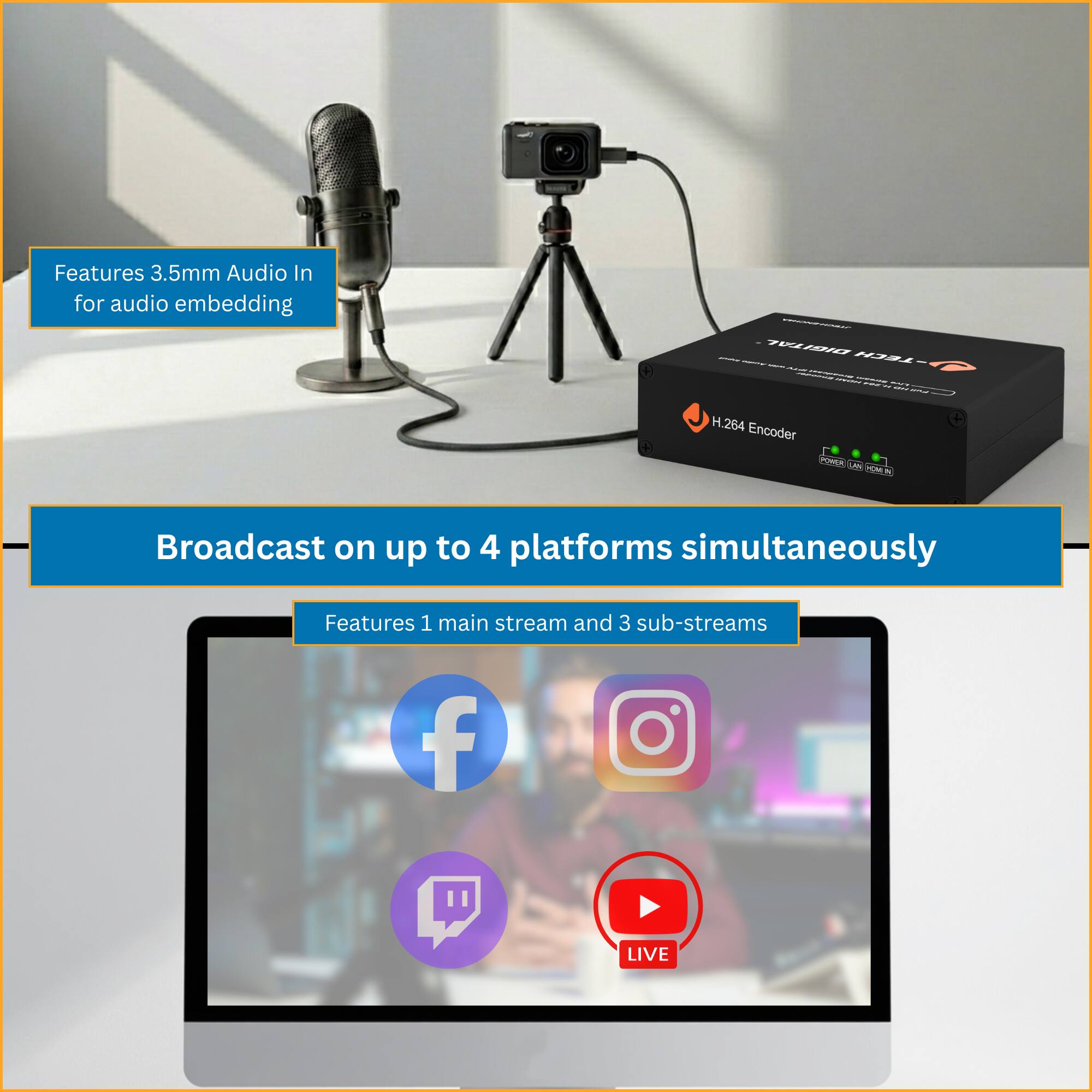 Features 3.5mm Audio In for audio embedding

Broadcast on up to 4 platforms simultaneously

Features 1 main stream and 3 sub-streams