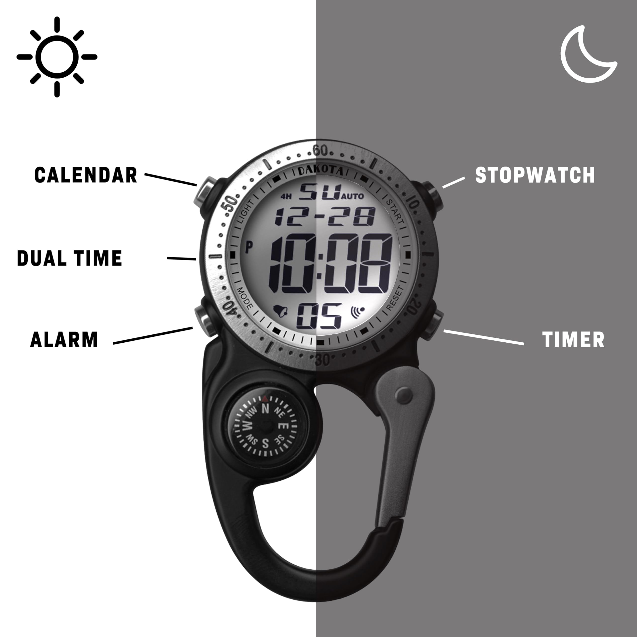 CALENDAR DUAL TIME ALARM 60 DAKOTA 4H SU AUTO .50. LIGHT START .10. 12-28 : P 1: 40 MODE RESET 20. 05 30 STOPWATCH TIMER NW N NE W E SW S SE