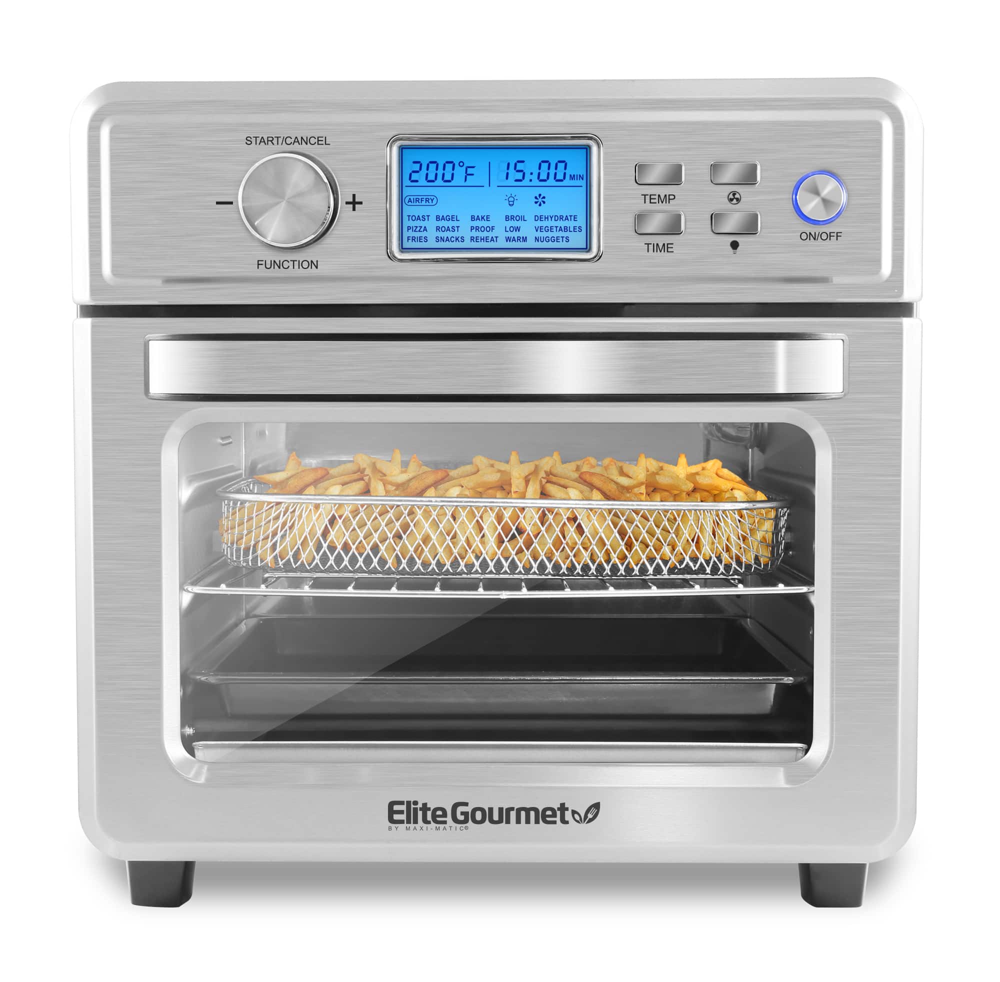 Front. Elite Gourmet - 21L Stainless Steel Digital Air Fryer Oven with LCD Display and Interior Light - Stainless Steel.