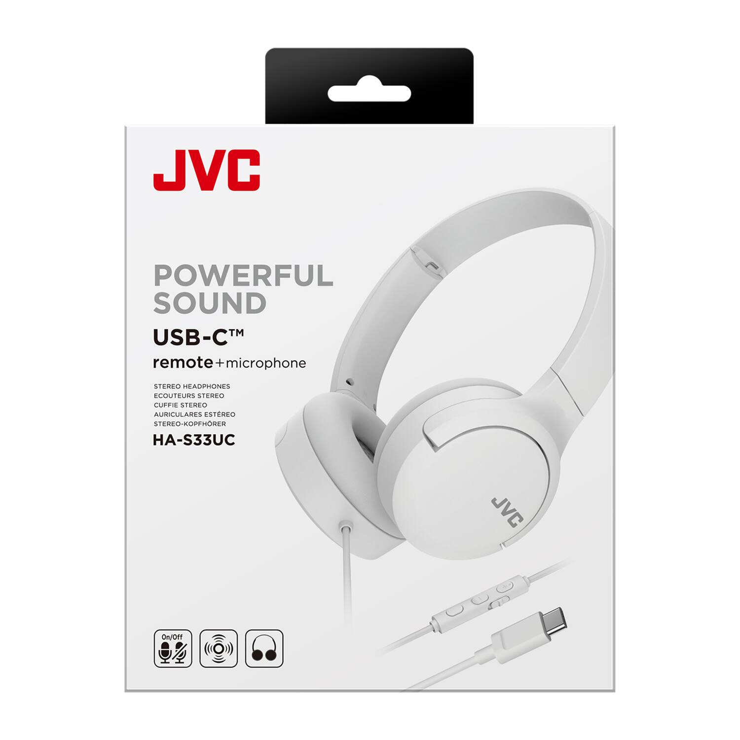 JVC

POWERFUL SOUND

USB-C™
remote + microphone

STEREO HEADPHONES
ECOUTEURS STEREO
AURICULARES ESTREO
AURICULARES ESTREO
STEREO-KOPFHÖRER

HA-S33UC

On/Off