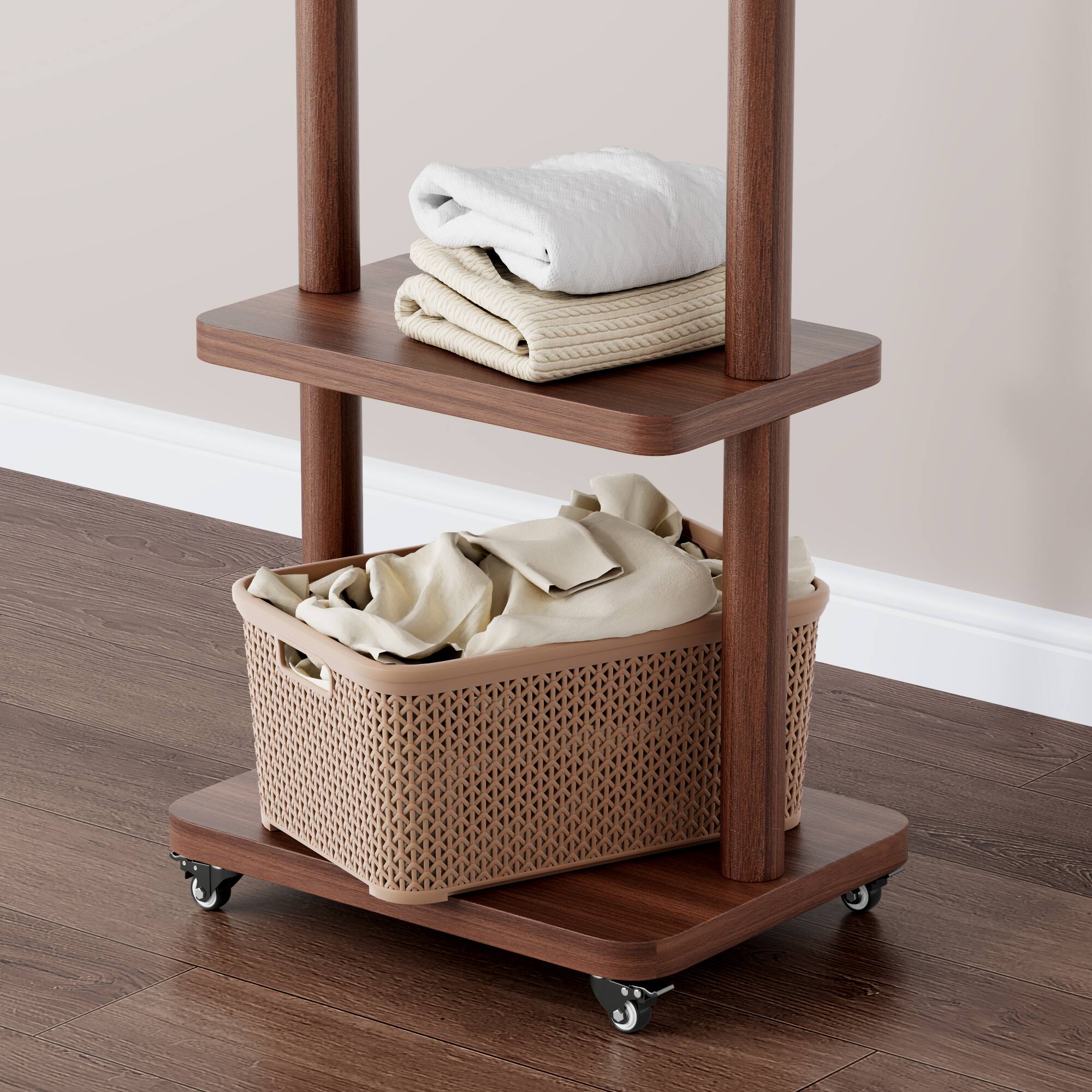 Alt View 2. MERAVOM - Solid Wood Coat Rack Freestanding, Rolling Clothes Rack with 2 Hooks & Shelves, Clothing Rack with Wheels for Bedroom - Walnut.