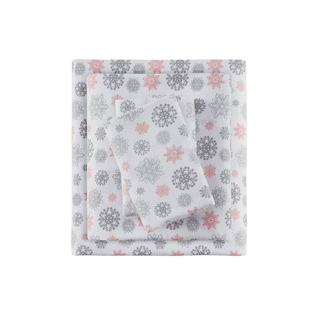 Gracie Mills - Persephone Cotton Flannel Sheet Set - Pink/Grey Snowflakes - Thumbnail 2