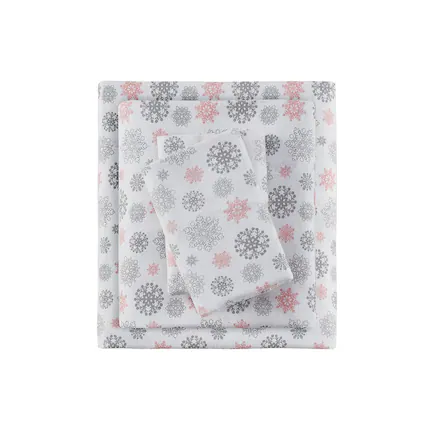 Front. Gracie Mills - Gracie Mills Persephone Cotton Flannel Sheet Set - Pink/Grey Snowflakes.