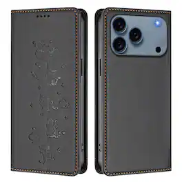 Dteck - for Apple iPhone 17 Pro Slim Folio Case,Cute Cat Embossed PU Leather RFID Blocking Wallet Flip Card Holder Cover - Black