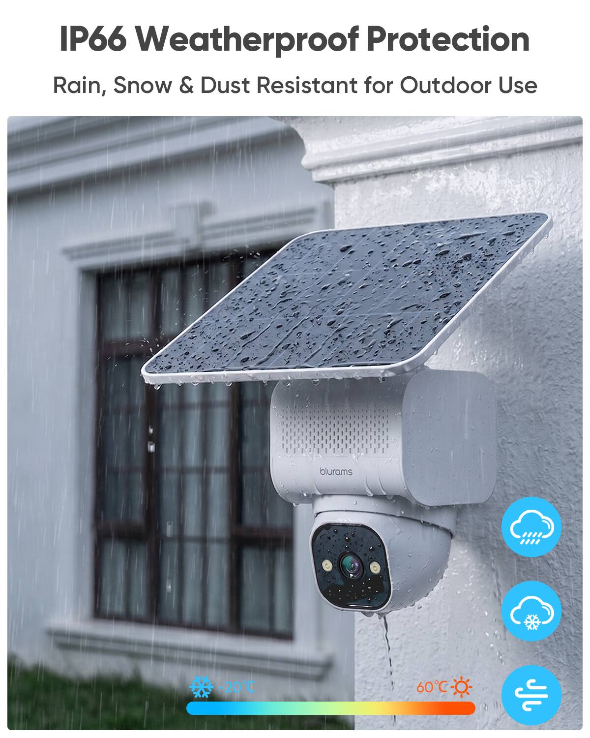 IP66 Weatherproof Protection  
Rain, Snow & Dust Resistant for Outdoor Use  

blurams  
-20°C  
60°C