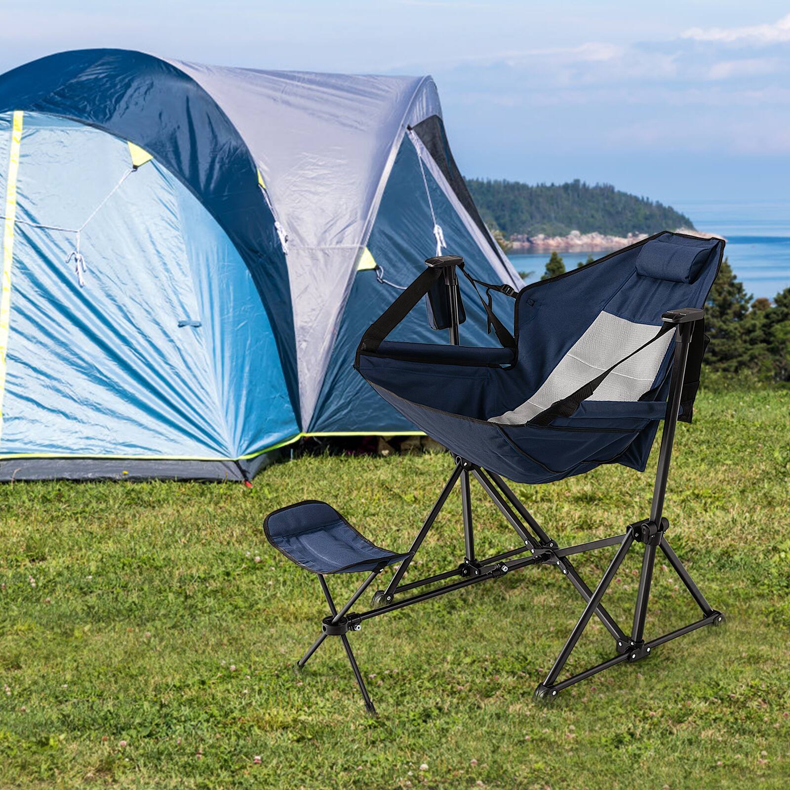 Alt View 1. Costway - Costway Hammock Camping Chair with Retractable Footrest & Carrying Bag for Camping Picnic - Navy.