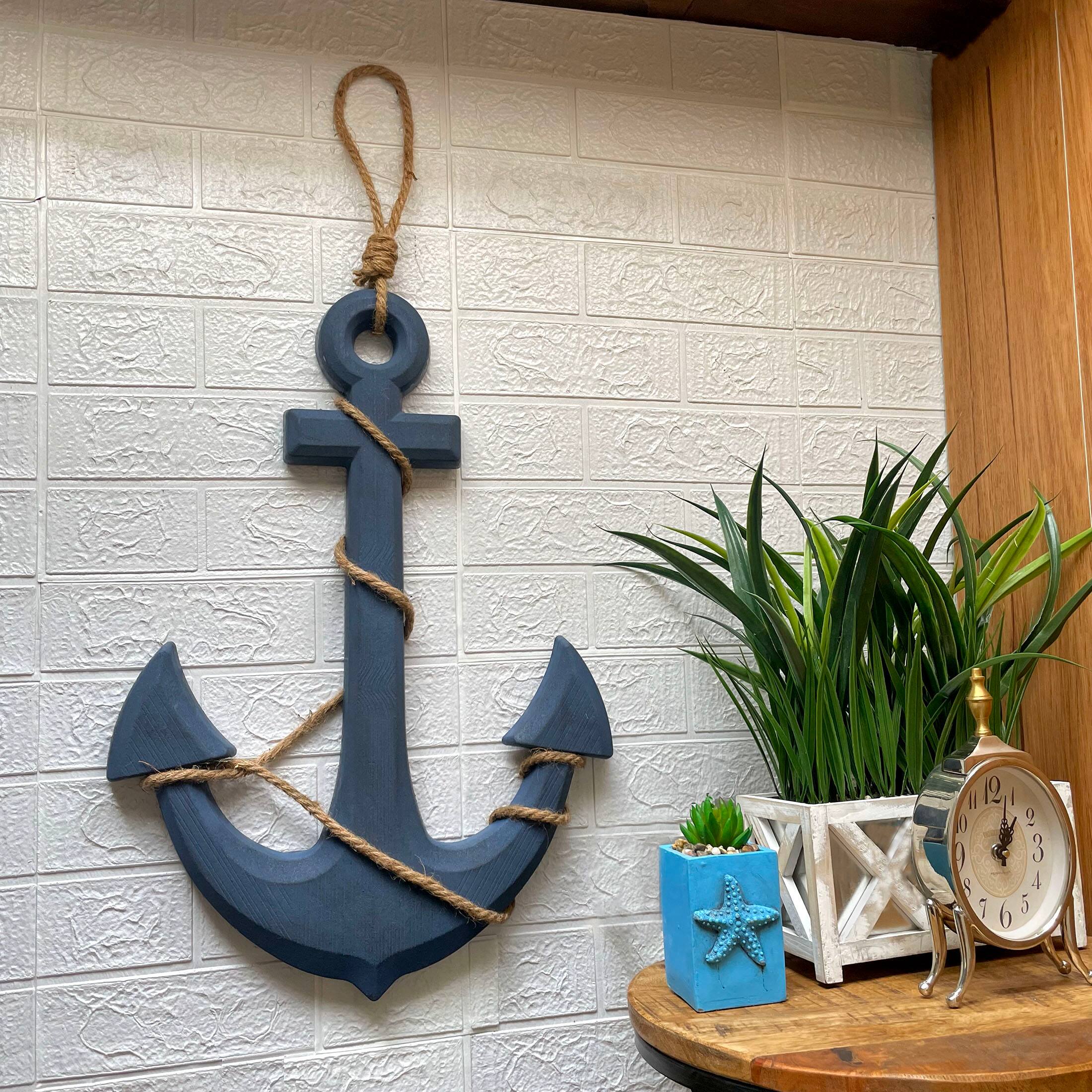Alt View 3. Zeckos - Large 24"x16" Ship Anchor & Rope Wall Hanging - Hand-Painted Blue Finis - Blue.