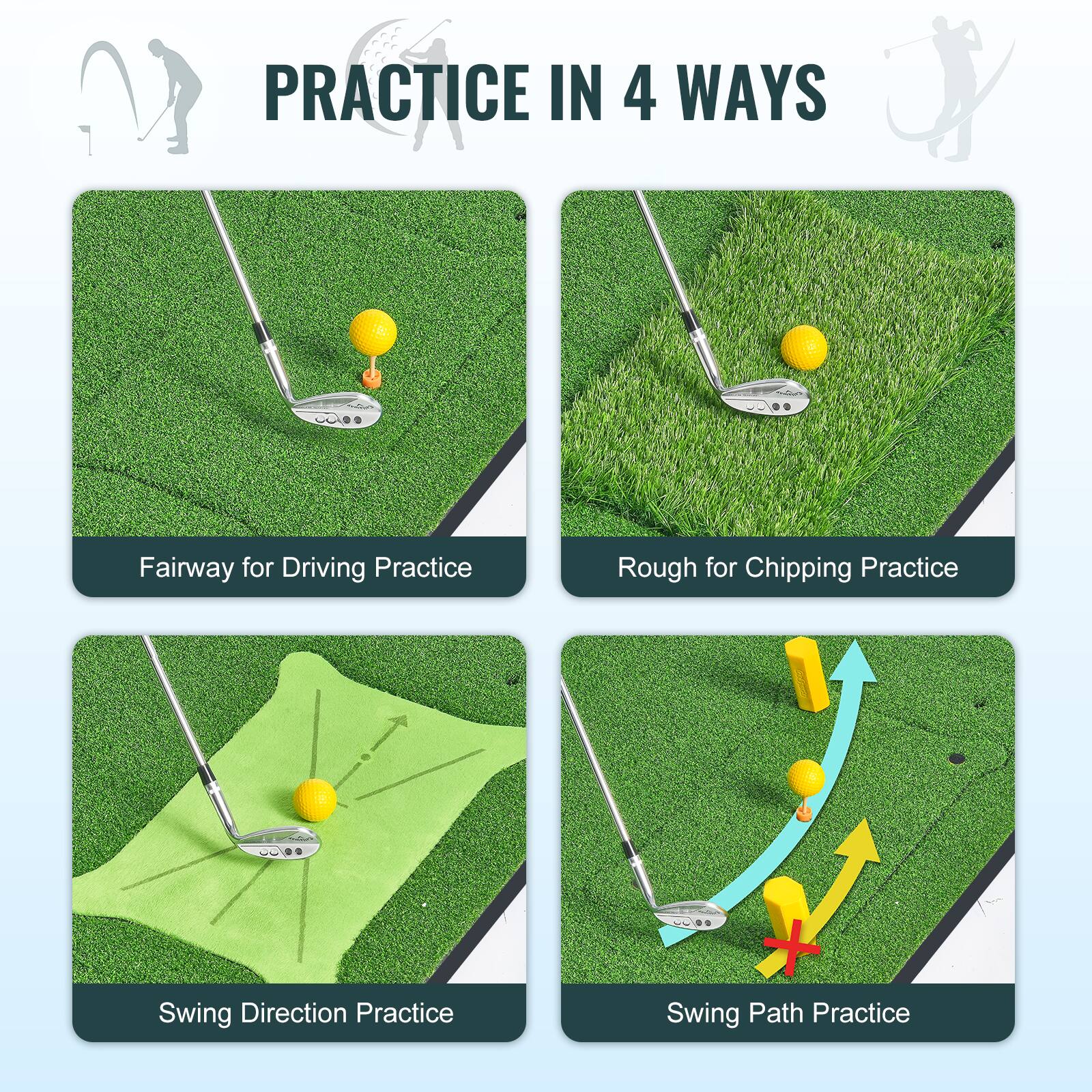 PRACTICE IN 4 WAYS

- Fairway for Driving Practice
- Rough for Chipping Practice
- Swing Direction Practice
- Swing Path Practice