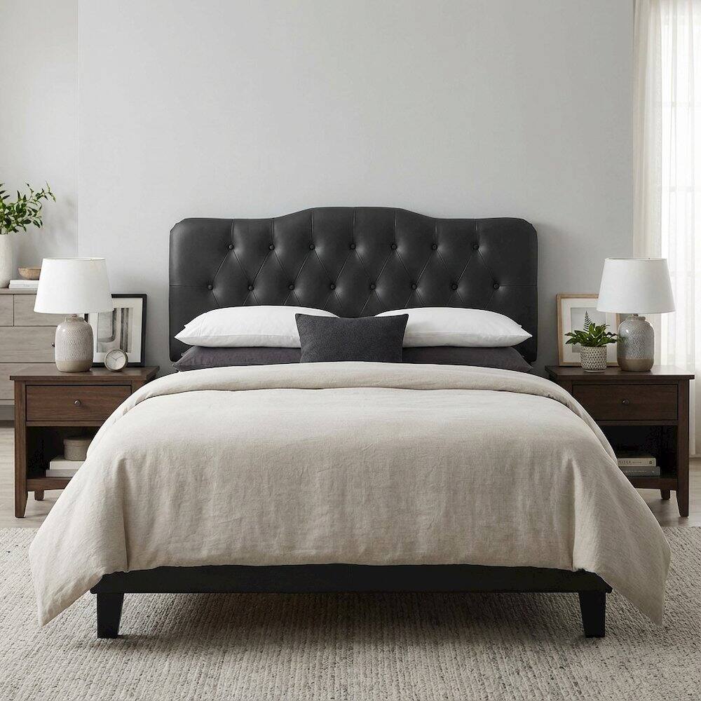 Left. FurniFact - Upholstered Vinyl Queen Headboard with Supportive Padding and Stylish Design - Black.