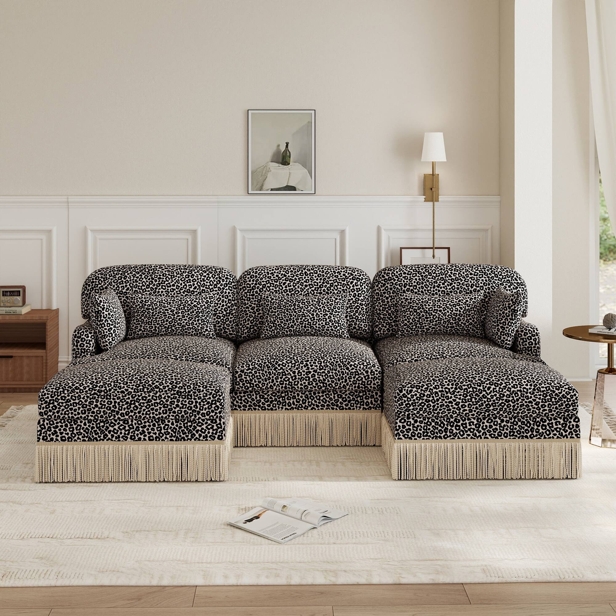Angle. Anysun - 100" U-Shaped Chenille Leopard Print Sofa with Movable Ottomans & Tassel Edge, Ergonomic Deep Seat for Living Room - khaki.