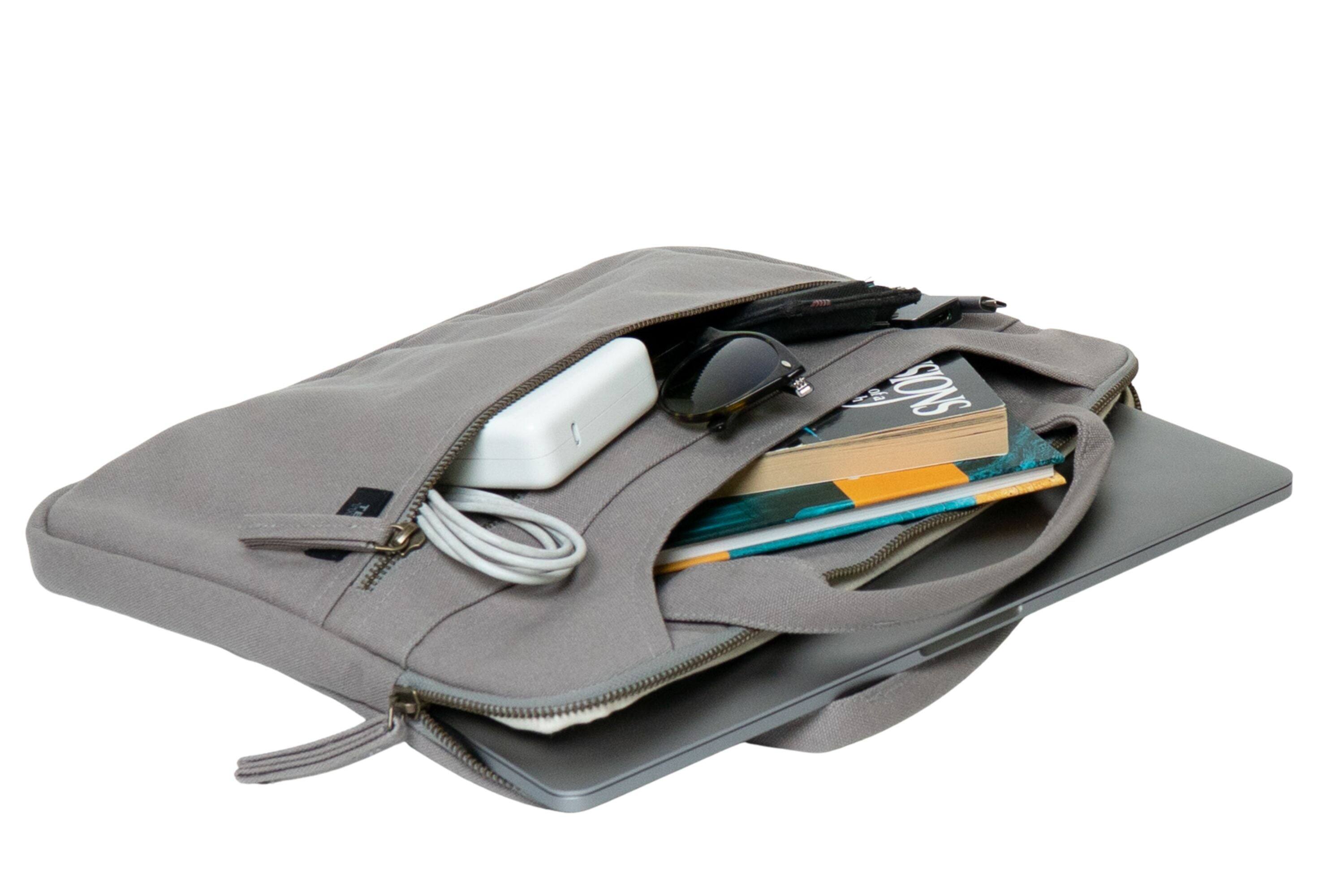 Left. Terra Thread - Organic Cotton Laptop Sleeve With Handles - Cloud Grey.