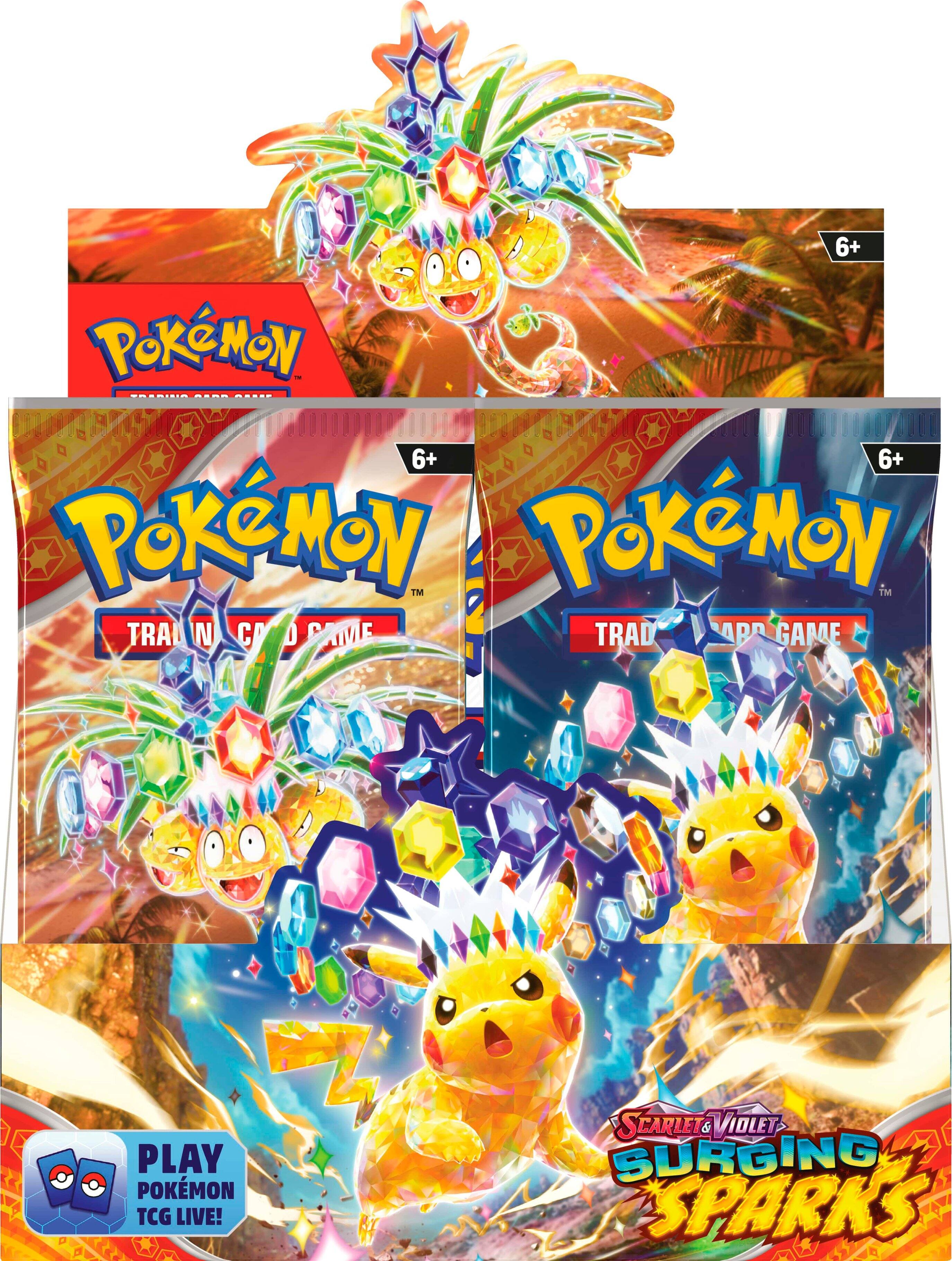 The image features a display of Pokemon cards, including a PokeMon TCG Live! Scarlett Violet Surging Sparks set. There are also other Pokemon sets displayed, such as the PokeMon TCG Live! set and the Pokemon Trainer's Toolkit. The display is designed to showcase the different Pokemon cards and their unique features, making it an attractive and engaging sight for Pokemon enthusiasts.